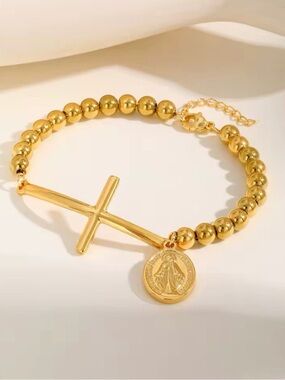 18K Gold PVD Beaded Cross Bracelet with Religious Medal